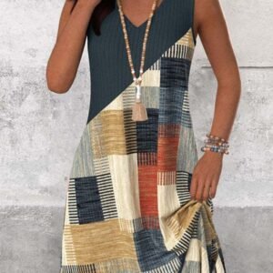 Womens Casual Versatile V-Neck Sleeveless Colorblock Dress