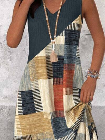 Womens Casual Versatile V-Neck Sleeveless Colorblock Dress