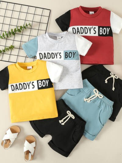 Boys' Casual Sports Suit Color Matching Short-sleeved Letter T-shirt Shorts Two-piece Set