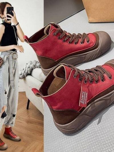 Retro Casual Womens High Top Leather Shoes That Add Height And Create A Slimming Look