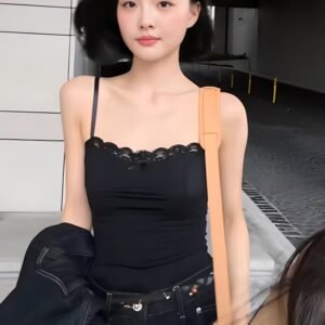 Lace Slim Fit Patchwork Black Camisole