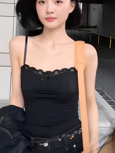 Lace Slim Fit Patchwork Black Camisole