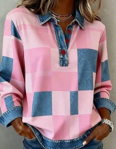 Womens Retro 3D Digital-Print Stand-Up Collar Top
