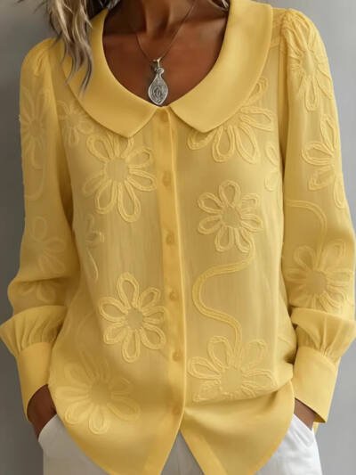 Womens Embroidered Jacquard Doll Collar Long-Sleeve Shirt