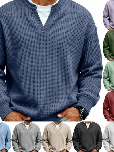 Simple Waffle-Weave V-neck SweatShirt For Men Fall Spring Two-Piece Casual Long-Sleeve T-Shirt For Daily Wear Work Outfit Streetwear