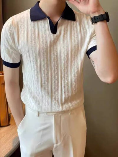 Trendy Men's Polo Shirt V Lapel Stretch Jacquard Texture Slim-fit Short-sleeved Knitted Top