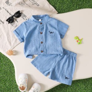 Polyester Baby Boys' Springsummer Solid Color Dinosaur Embroidered Short-sleeved Shirt Solid Color Shorts Two-piece Suit