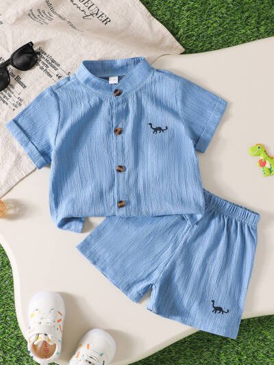 Polyester Baby Boys' Springsummer Solid Color Dinosaur Embroidered Short-sleeved Shirt Solid Color Shorts Two-piece Suit
