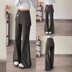Womens Retro High Waisted Casual Loose Fake Two Piece Flared Cargo Pants