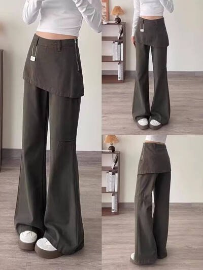 Womens Retro High Waisted Casual Loose Fake Two Piece Flared Cargo Pants