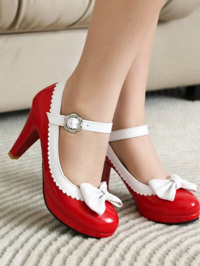 Women's Patent Leather Color-blocking Bow Round Toe Stiletto Heel High Heels