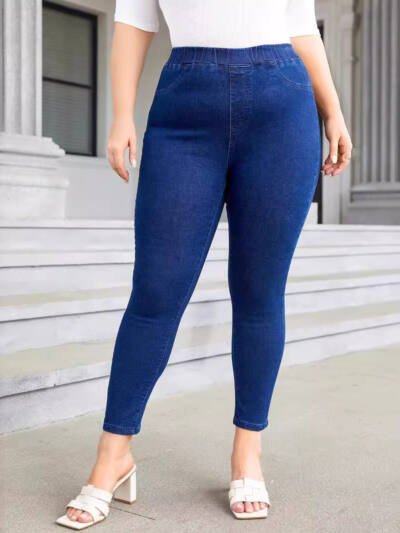 Plus Size Denim Elastic Waist Cropped Skinny Pants Elastic