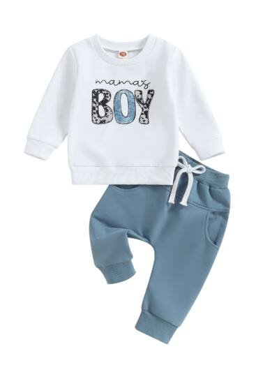 Sports Style Boys' Letter Floral Print Long Sleeve Pullover Trousers Suit