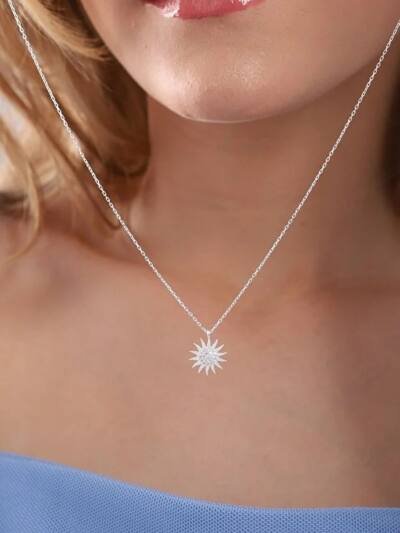 925 Sterling Silver Sun Pendant Necklace With White Zircon Stone