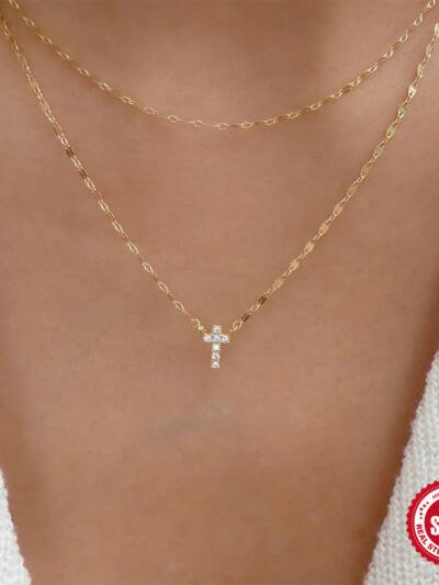 S925 Sterling Silver Double Layer Twin Diamond Cross