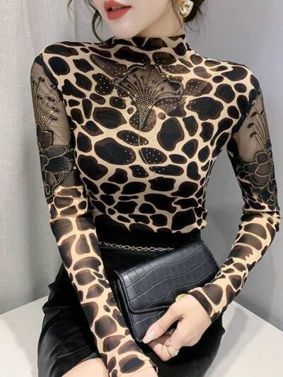 Womens High-neck Base Top With Lace And Rhinestone Detailing