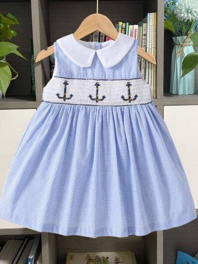 Children's Smocking Summer Sleeveless Doll Collar Embroidery Dress