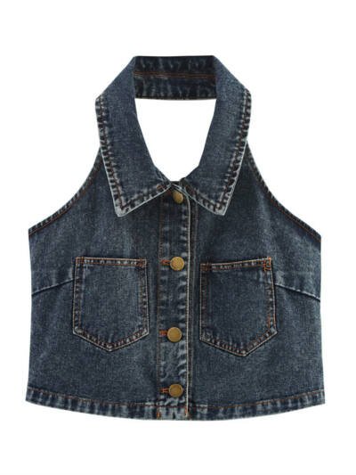 Sexy Big Backless Lapel Halter Denim Camisole