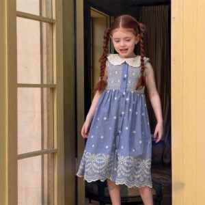 Summer Girls Smocking Machine Embroidery Dress Sleeveless