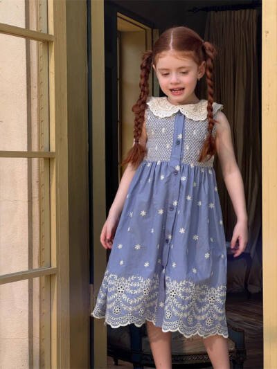 Summer Girls Smocking Machine Embroidery Dress Sleeveless