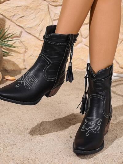 Pointed-toe Square-heel Denim Boots For Women