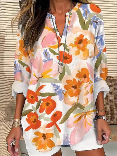 Womens Fashionable Loose Shirt With 3D Floral Print And V-Neck