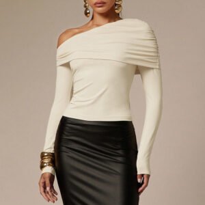 Womens Off-Shoulder Pleated Slim-Fit Long-Sleeve T-Shirt