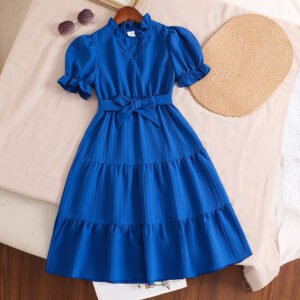 Girls' V-neck Puff Sleeve Lace-up Dress