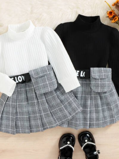 Korean Style Children Autumn Winter Cotton Sunken Stripe Turtleneck Top Plaid Suit