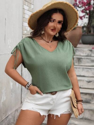 Womens V-neck Loose-fit Drawstring Short-sleeve Top