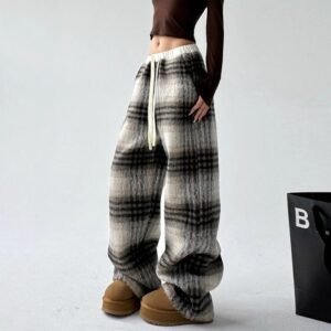 Womens Wool Plaid Straight-Cut Casual High-Waisted Pants