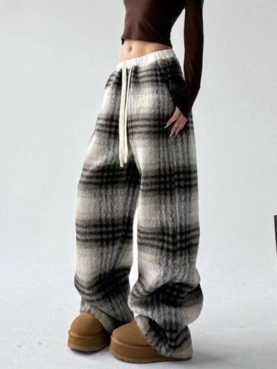 Womens Wool Plaid Straight-Cut Casual High-Waisted Pants