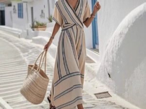 Summer Vacation V-Neck Womens Short-Sleeve Pleated Maxi Dress
