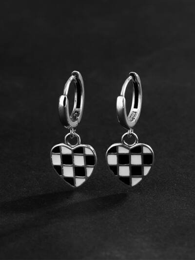 All Over 925 Sterling Silver Heart Chessboard Latch Earrings Black And White Oil Drop Process Earrings