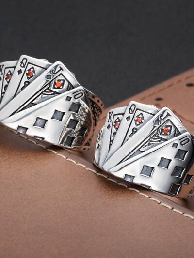 Tonghuashun Poker Brand Sterling Silver Ring Men's Retro