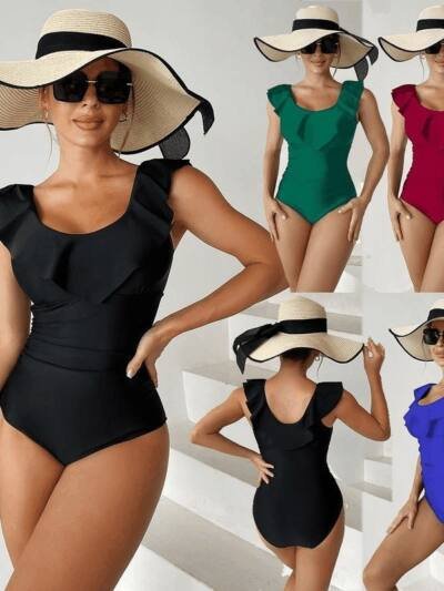 One-piece Bikini Black Polyester Fabric Lotus Leaf Flying Edge Plus Size Conservative Swimwear Women