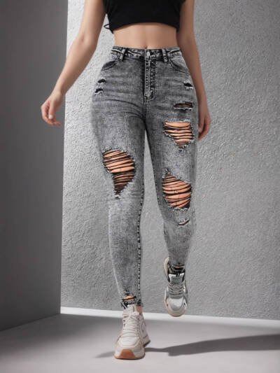 High-Street Style Personalized Ripped Womens Jeans
