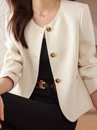 Womens Casual Cropped Jacket With A Crew Neck