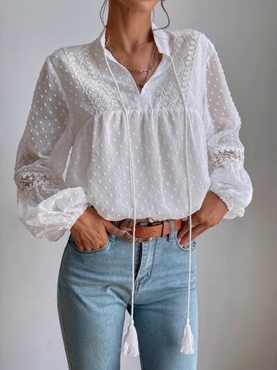 Womens Casual Loose Lace-Patchwork Blouse For Commuting