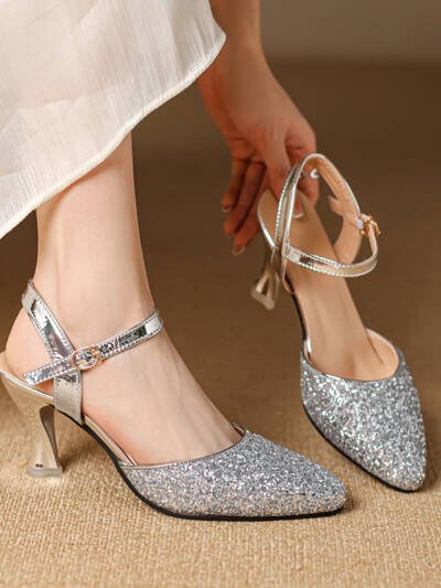 Closed Toe Back Empty Ankle-strap Buckle Sandals Women's Silver High Heel