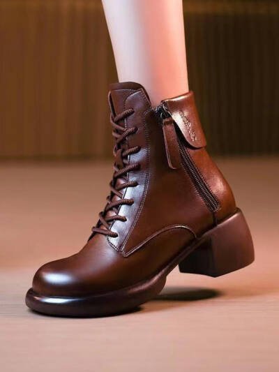 Womens Autumn Chunky-Soled Fashionable All-Match Vintage Leather Boots