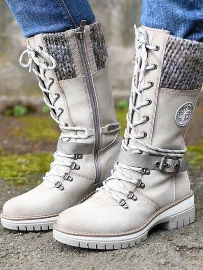Round-toe Square-heel Leather-buckle Knit-mesh Dr Martens-style Boots