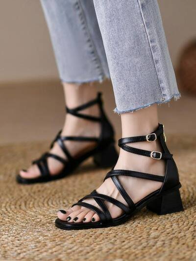 Brown Strappy Heels Vintage Stiletto-Strap Roman Sandals For Women