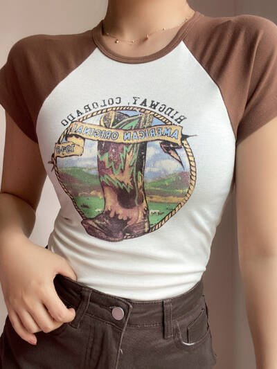 Retro Crew Neck Raglan Stitching Letter Print Short-sleeve T-shirt