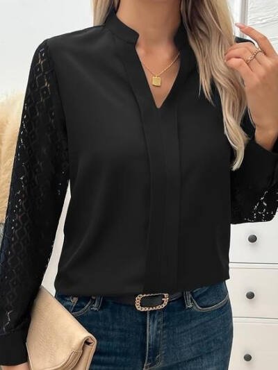Elegant Long Blouse With A New Lace-panel Notch Neckline