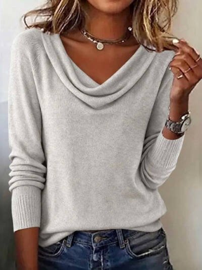 Spring Summer Long-sleeve Solid-color Boat-neck T-shirt