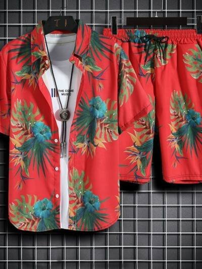 Mens Short-Sleeve Shirt And Casual Shorts Set