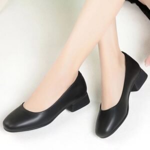 Black Womens Work Shoes With A Square Toe Chunky Heel And Soft Comfortable Sole