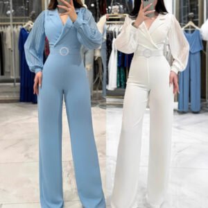 Fitted Jumpsuit With Pleated Long Sleeves And A Blazer Collar