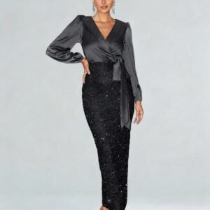 Surplice Neck Knot Side Split Back Sequin Dress Black Elegant Long Sleeve Formal Evening Prom Wedding Guest Gown For Graduation Dinner Party Dress